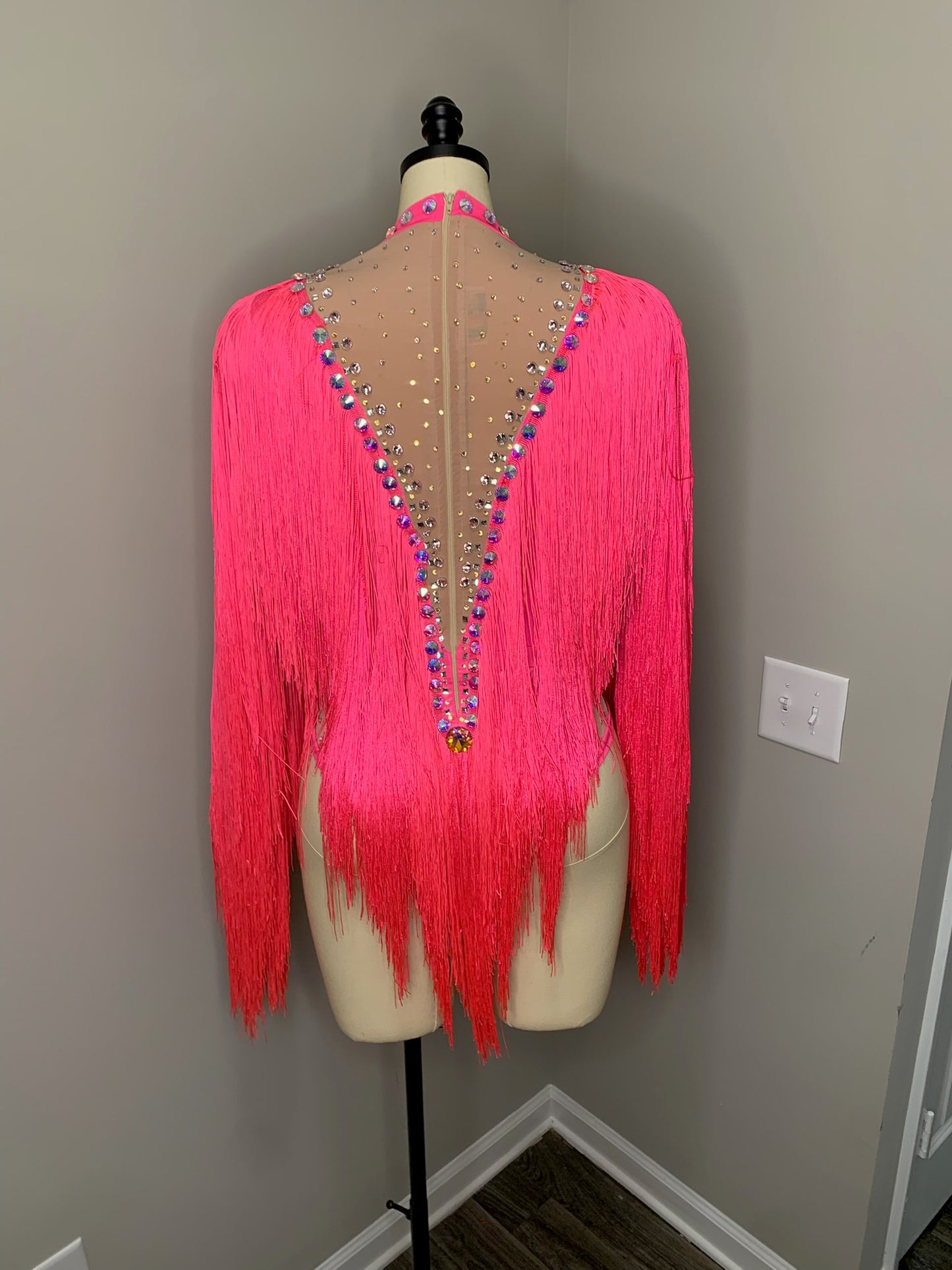 Carwash Hot Pink Fringe Leotard with Nude Cutouts