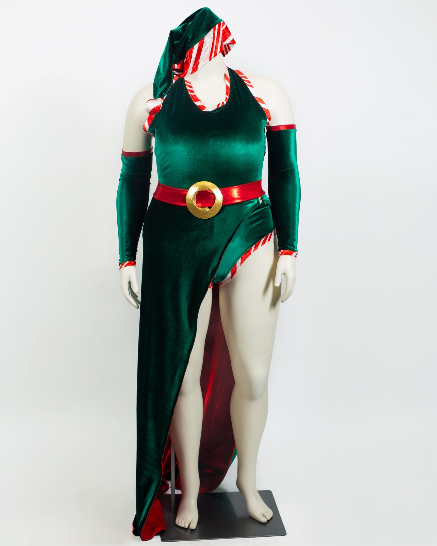 Candy Striped Velvet Slingshot Leotard With Side Gown, Belt and Hat