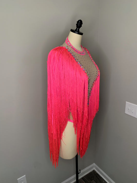 Carwash Hot Pink Fringe Leotard with Nude Cutouts