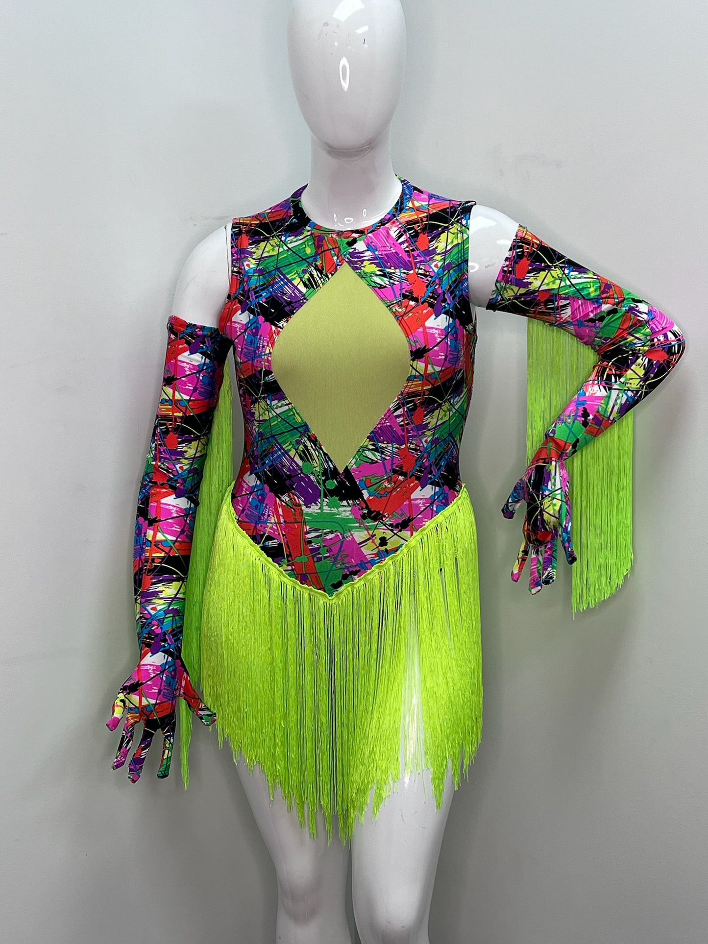 Multi-Colored Neon Fringe Leotard with Gloves