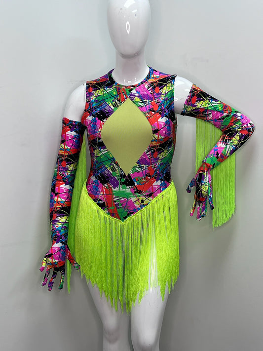 Multi-Colored Neon Fringe Leotard with Gloves
