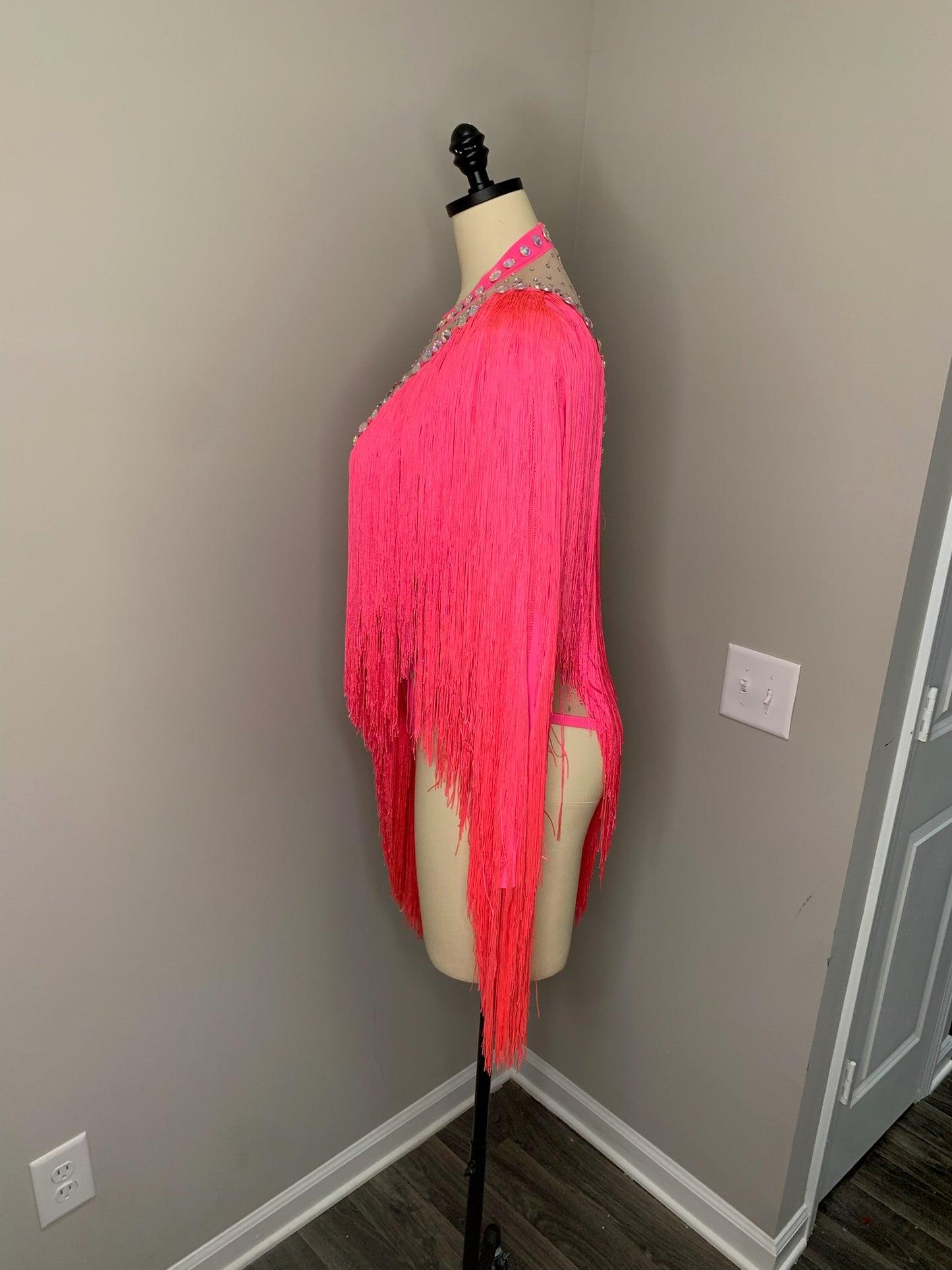 Carwash Hot Pink Fringe Leotard with Nude Cutouts