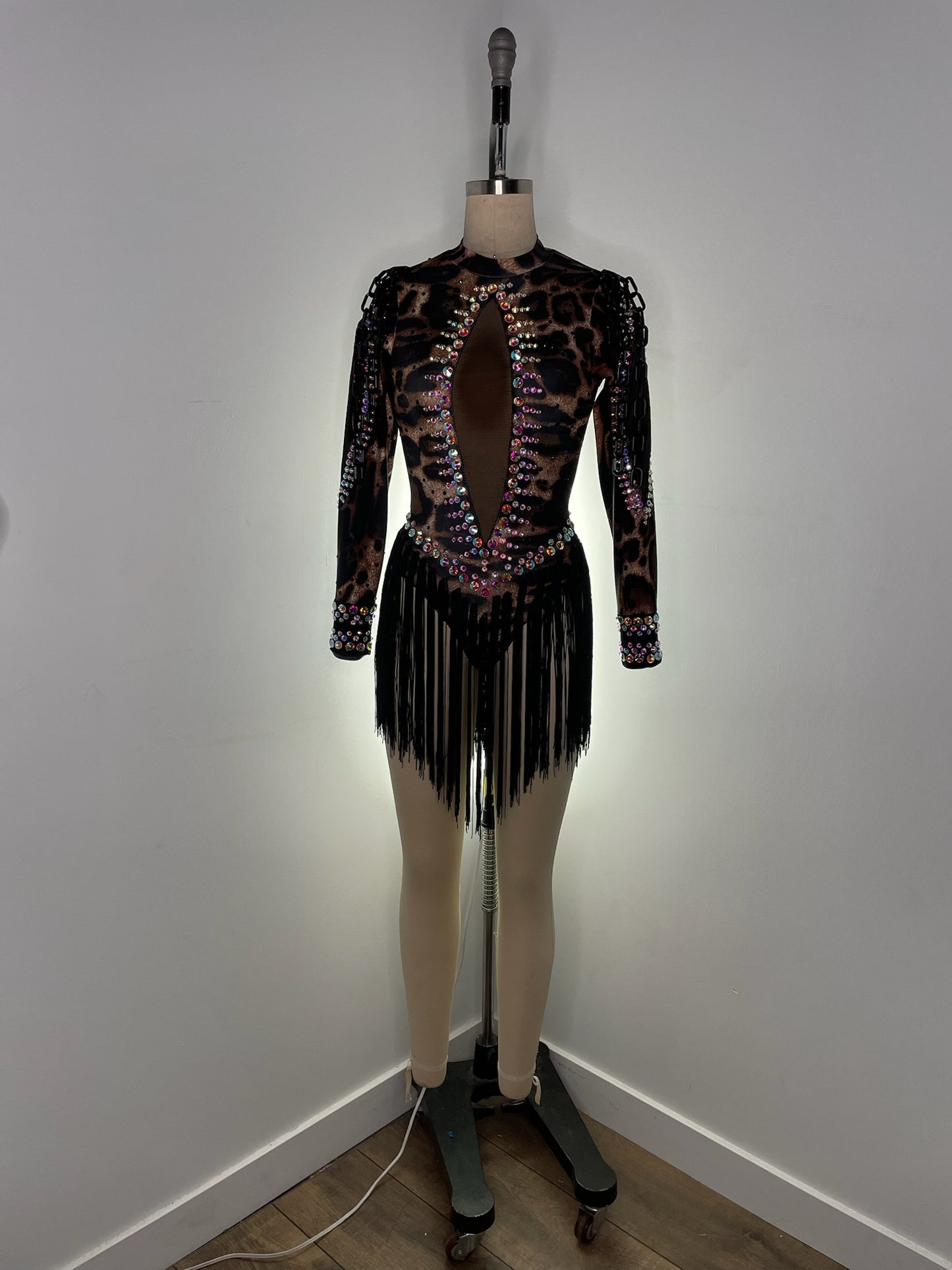 Leopard-Print Rhinestoned Fringe Leotard