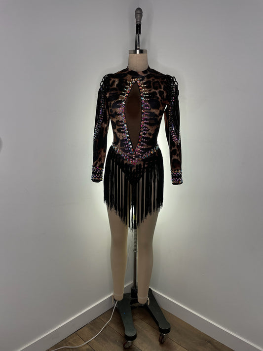 Leopard-Print Rhinestoned Fringe Leotard